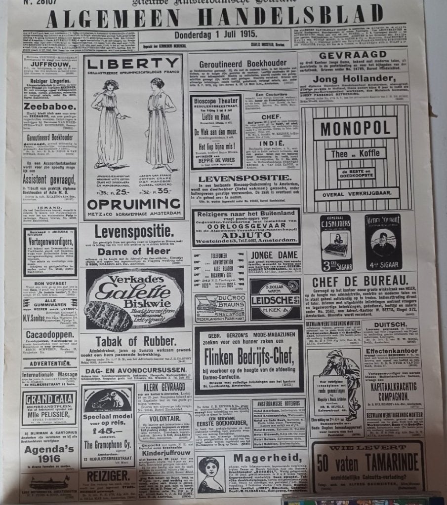 poster Algemeenhandelsblad 1915, Rechthoekig Staand, Ophalen of Verzenden, Zo goed als nieuw, A1 t/m A3