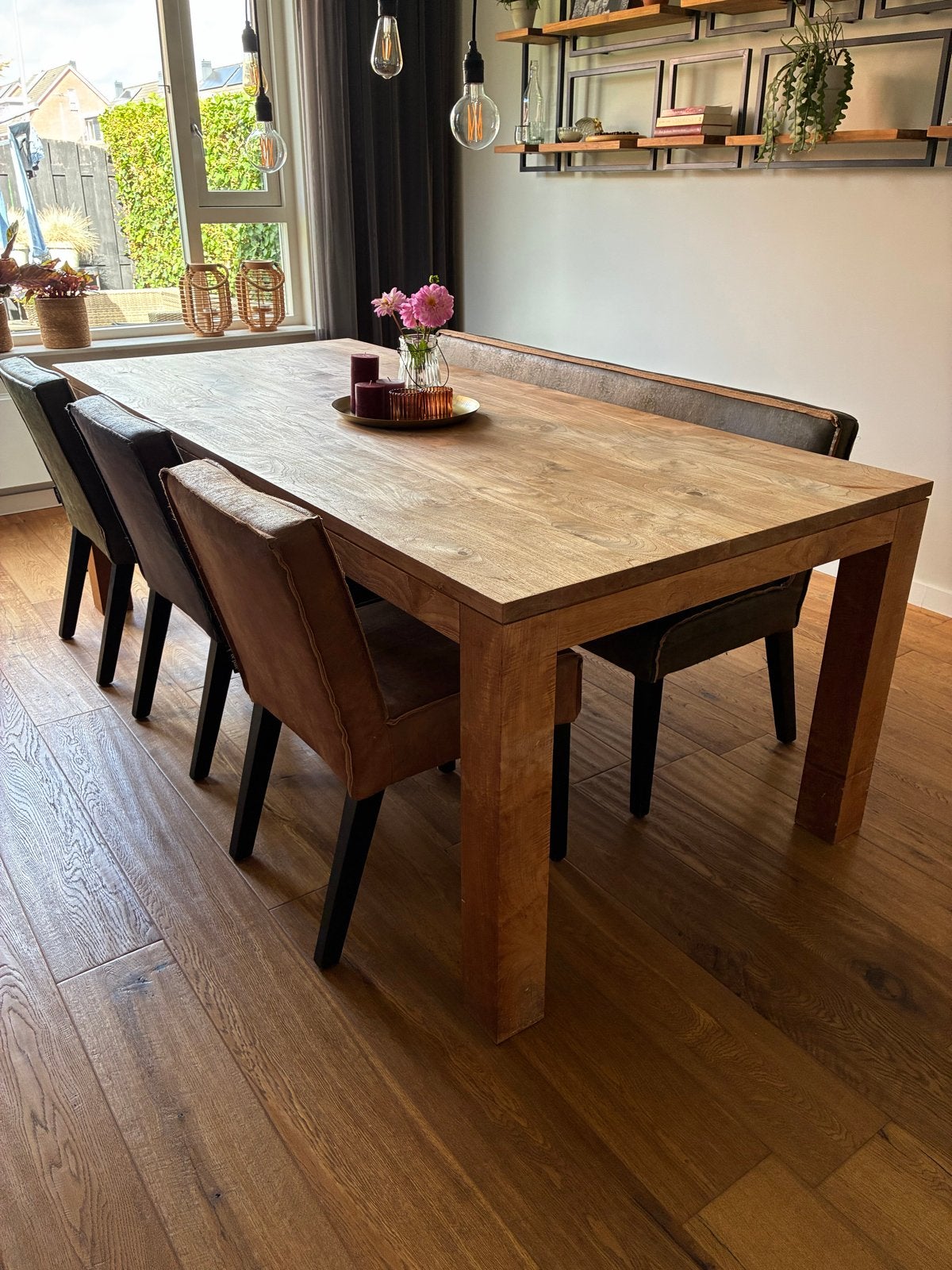 Teak houten eettafel met bank en stoelen, Ophalen, Gebruikt, Teakhout, 200 cm of meer