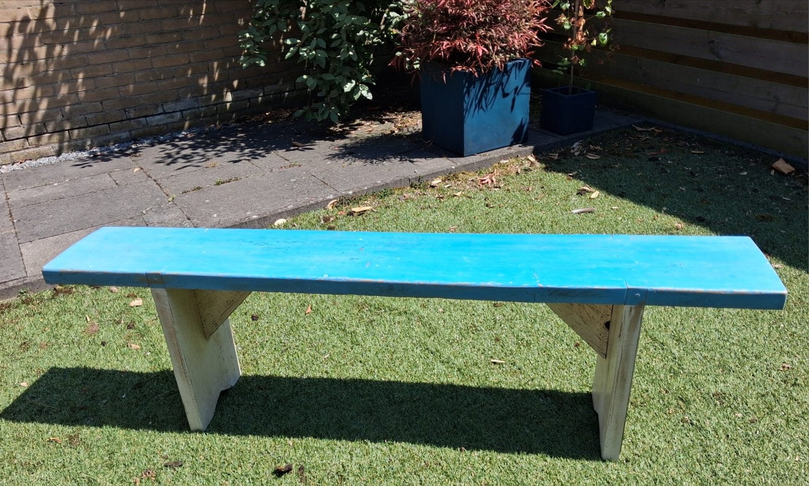 Robuuste houten bank - Blauw geverfd, Ophalen, Gebruikt, Hout