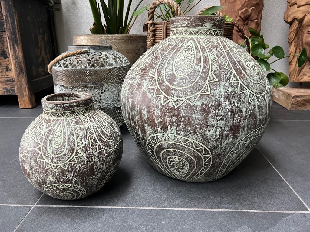 Pot uit Indonesie oosters bruin met Ibiza groen, Verburgt Vintage, Rond, Ophalen of Verzenden, https://verburgtvintage.nl/#contact
