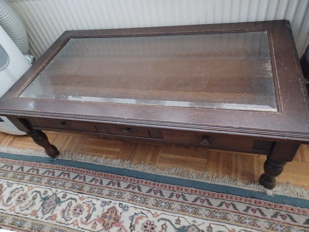 Salontafel Met Glasplaat En 3 Laadjes Gratis, Huis en Inrichting, Tafels | Salontafels, Ophalen, Gebruikt, 100 tot 150 cm, Eikenhout