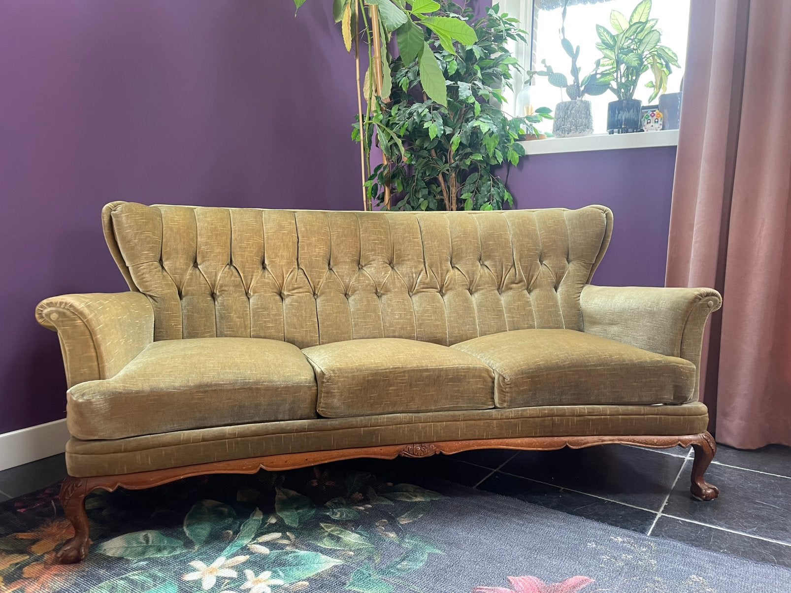 Prachtige antieke bank beige/groen in nette staat, Ophalen, Gebruikt, Driepersoons, 75 tot 100 cm