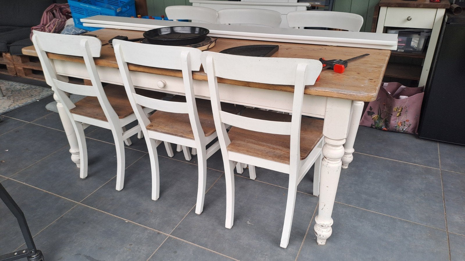 Grenen eettafel met 6 stoelen - 180x90 cm, Ophalen, Gebruikt, 50 tot 100 cm, Vijf personen of meer