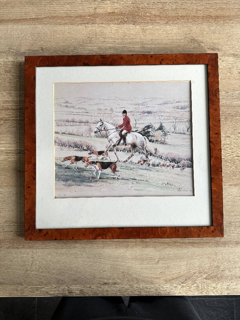 Engelse jachtprent ruiter te paard met jachthonden, Ingelijst, Dieren, Ophalen of Verzenden, Klassiek