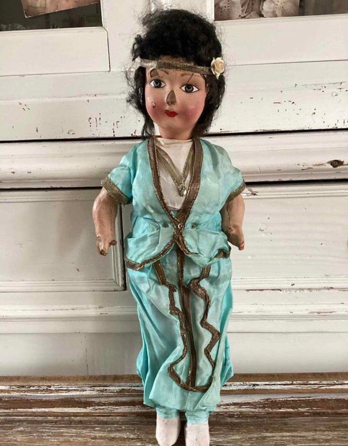 Antieke papier-maché popje, Ophalen of Verzenden