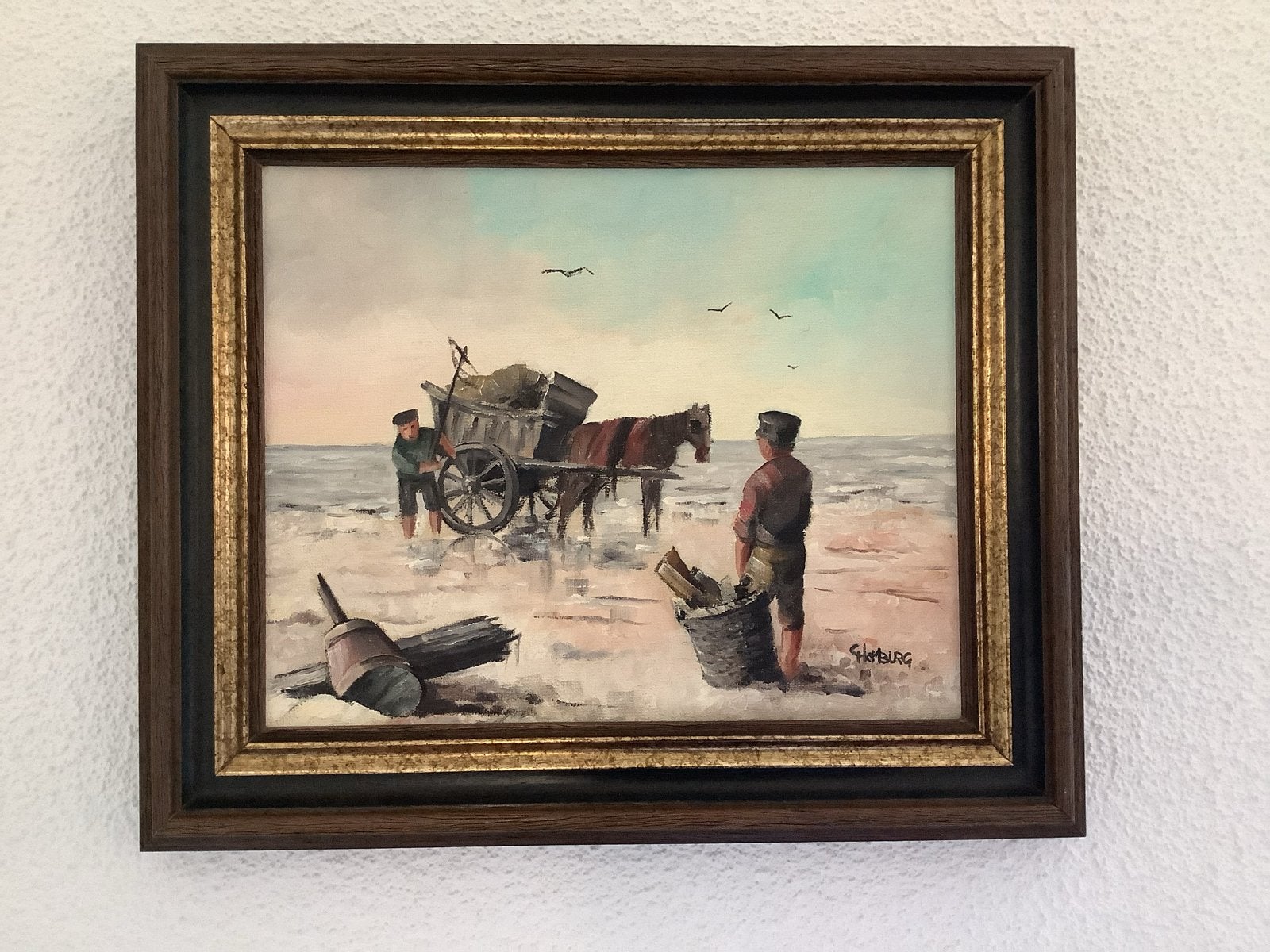 Schilderij Vissers met paard en kar op strand 39x33 cm, Maritiem / water, Doek, Realistisch, Ophalen of Verzenden
