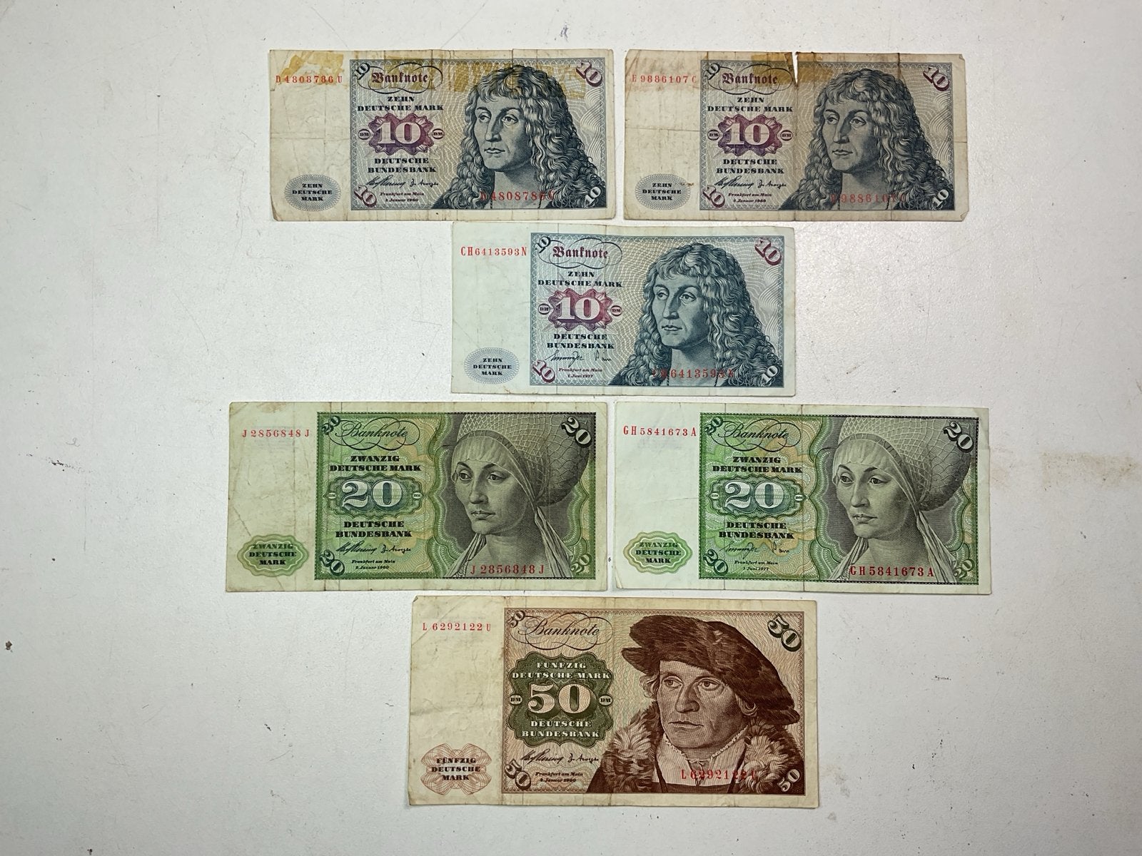 Duitse Mark biljetten: 3x 10, 2x 20, 1x 50 Mark  # 375, Ophalen of Verzenden, Duitsland, 100 euro, Setje