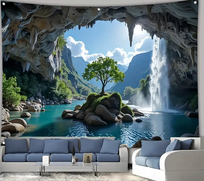 Grot Met Boom Wandkleed 2 / 3D Wand Kleed Natuur Water Zon, Verzenden, Nieuw, Wandkleed
