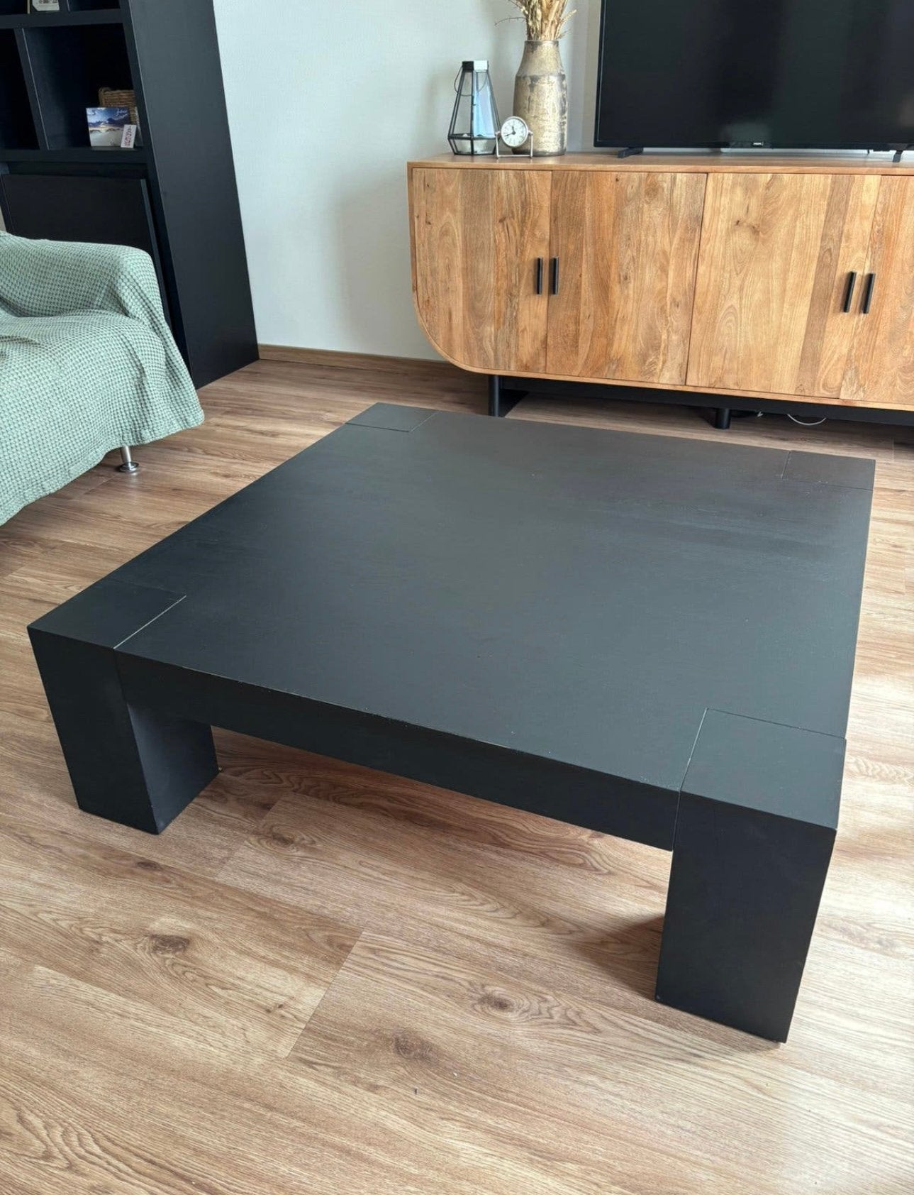 Zwarte eikenhouten salontafel 110x110x35cm, Ophalen, Gebruikt, 100 tot 150 cm, Eikenhout