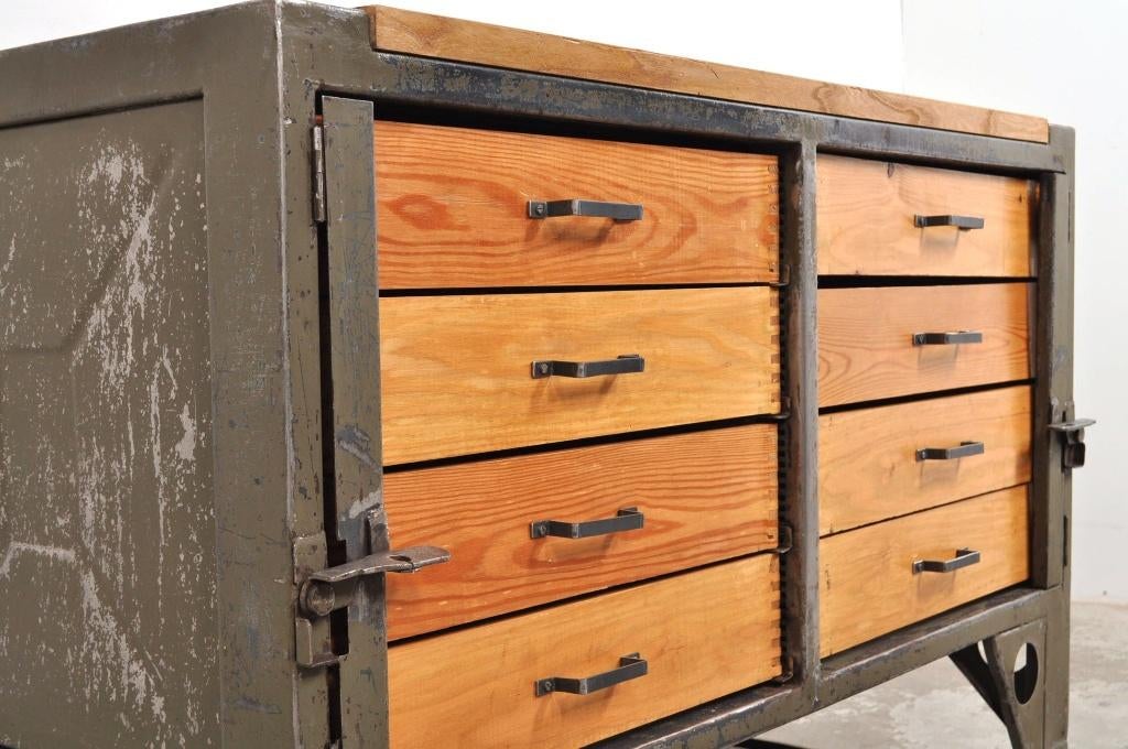 Vintage industriële werkbank ladekast dressoir kookeiland, Gebruikt, 100 tot 150 cm, 5 laden of meer, Ophalen of Verzenden
