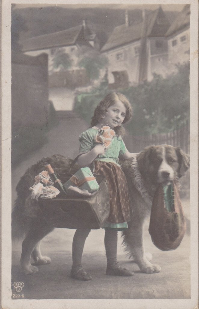 Meisje lang haar & Sint Bernard Hond. Fraaie oude AK., Verzamelen, Verzenden, 1920 tot 1940, Gelopen, Kinderen