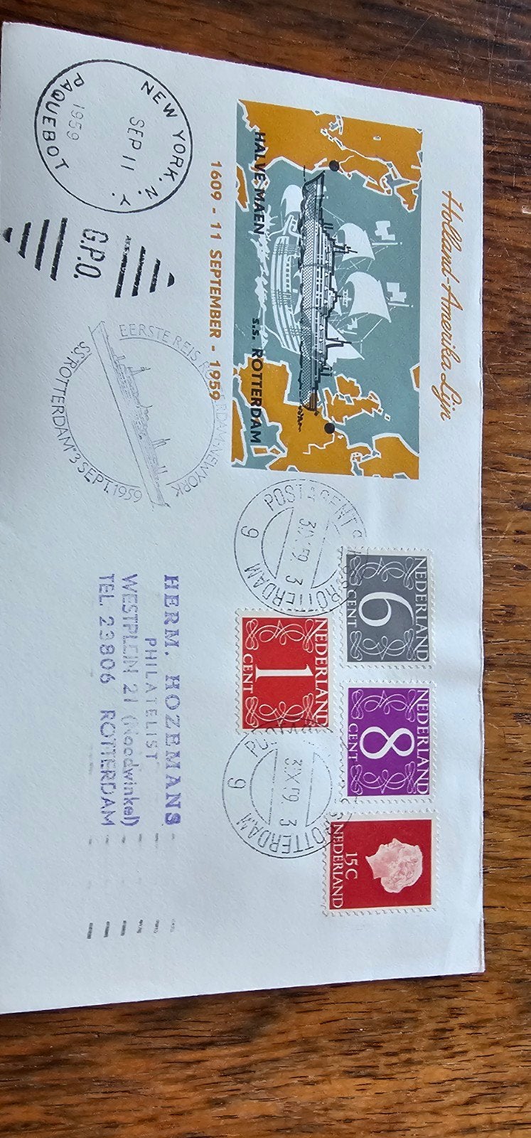 HAL 1e reis Rotterdam-New York envelop 1959, Postzegels en Munten, Verzenden