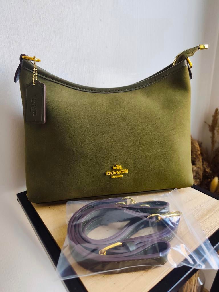 Nieuwe Coach suède handtas kaki met schouderriem, Ophalen of Verzenden, Nieuw, Groen, Handtas