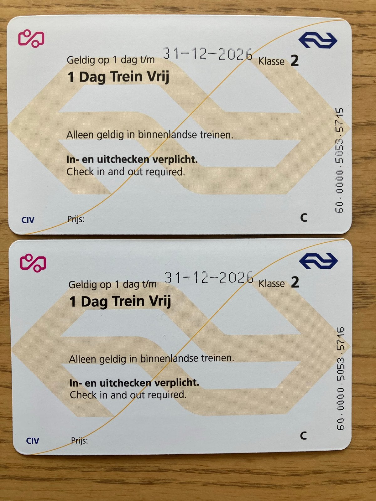 Treinkaart dagretour 2 stuks, Tickets en Kaartjes, Trein, Bus en Vliegtuig, Eén persoon, Trein, Algemeen kaartje