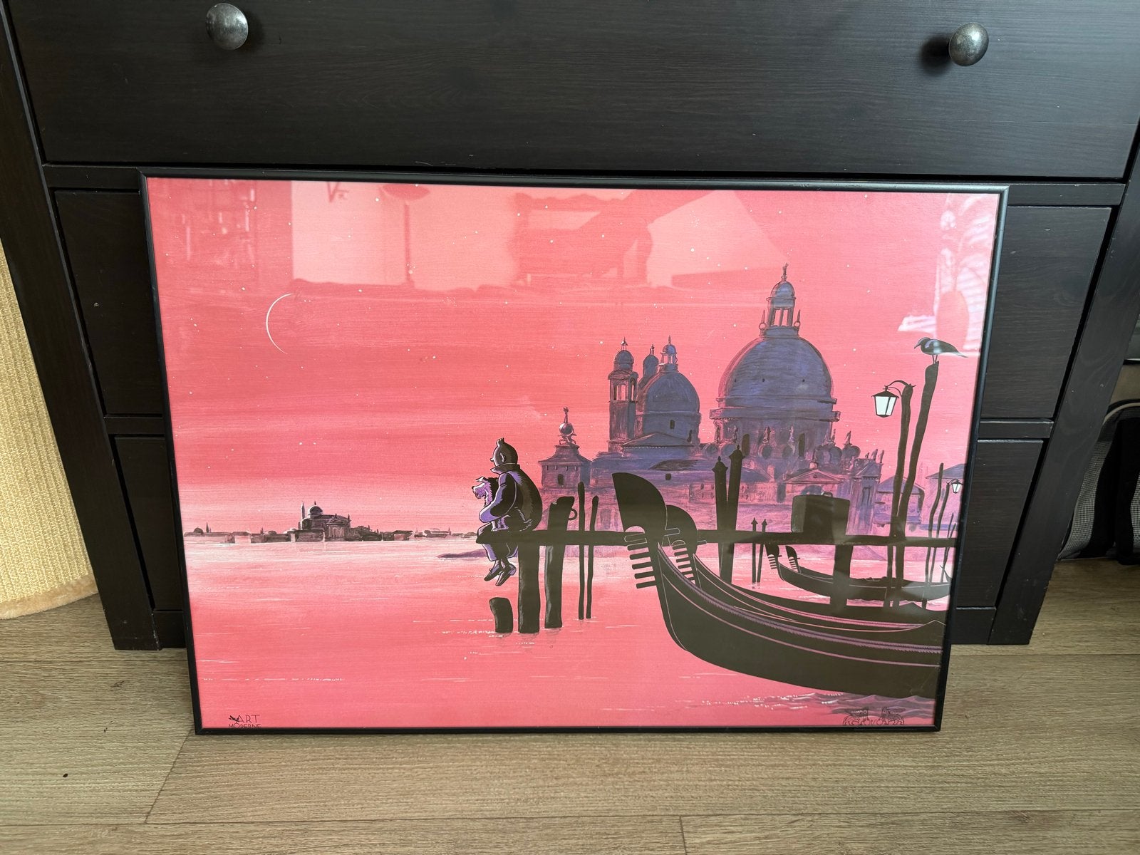 Kuifje poster "Tintin à Venise" - Inclusief lijst, Antiek en Kunst, Papier/karton, Ophalen of Verzenden, Ingelijst, Print