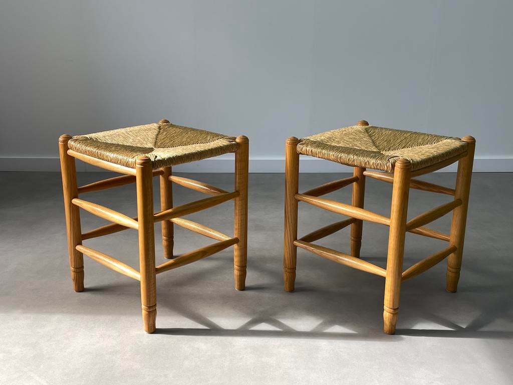 Vintage rieten krukken set van 2 jaren 60’, Ophalen, Zo goed als nieuw, Hout