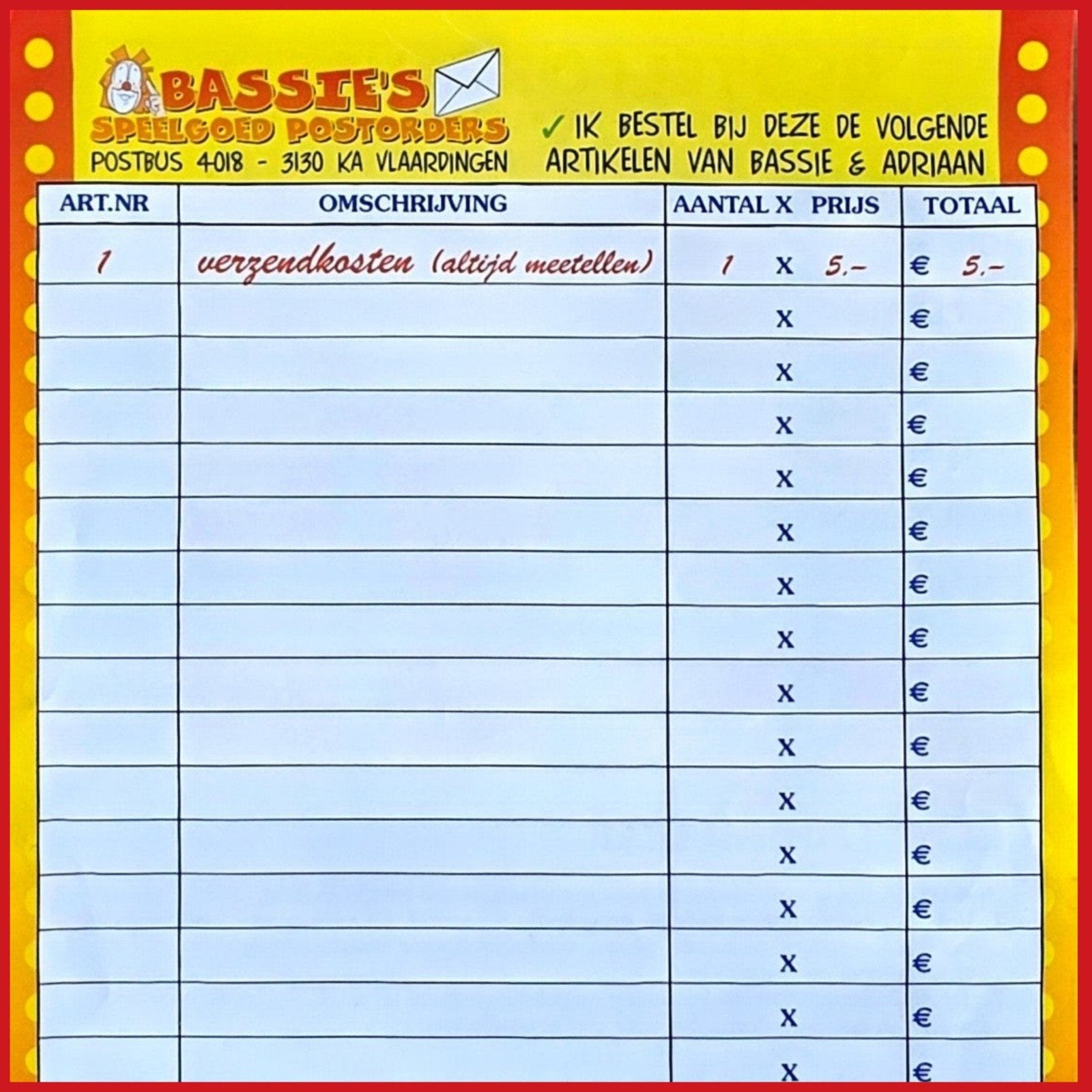Bassie's Speelgoed Postorders bestelformulier, Ophalen of Verzenden