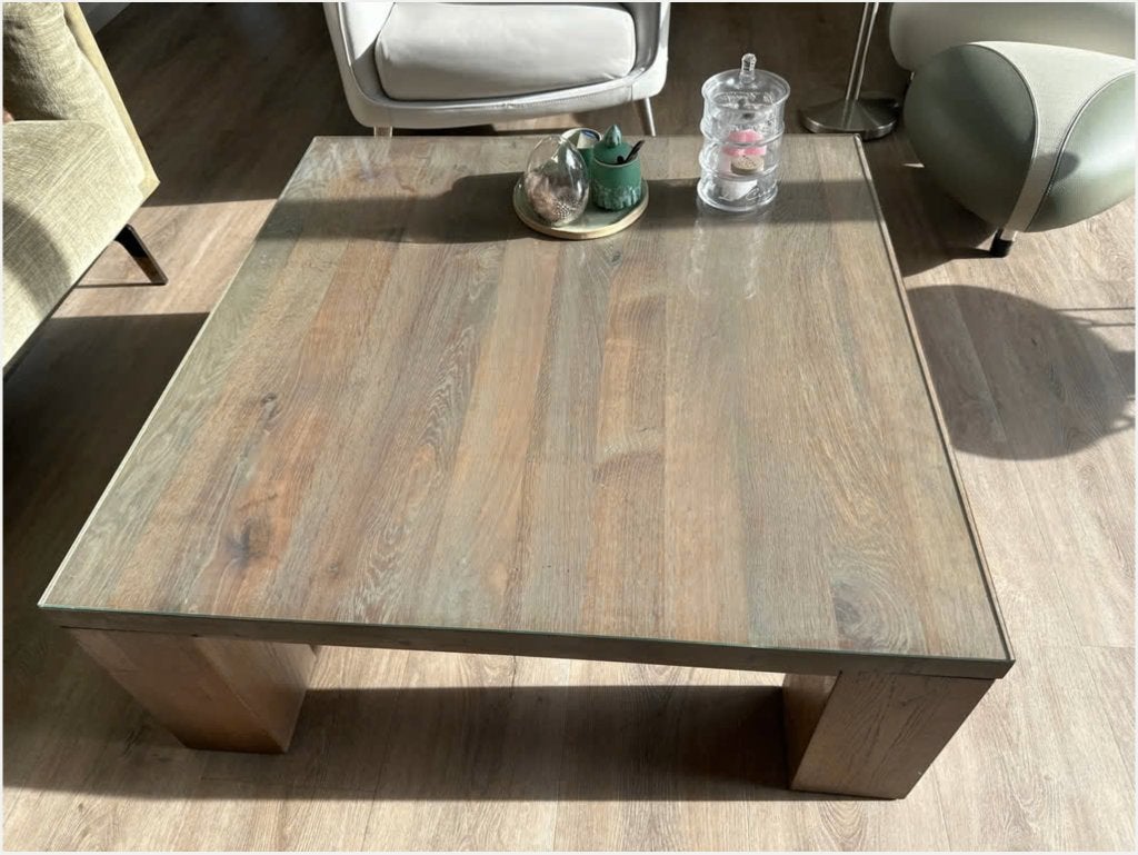Robuuste salontafel met eikenhout en glazen blad, Huis en Inrichting, Ophalen, Gebruikt, 50 tot 100 cm, Eikenhout