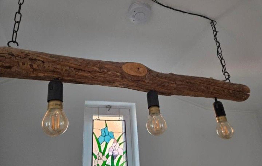 Handgemaakte boomstam hanglamp - 3 lichtpunten, Ophalen, Gebruikt, E27 (groot), Landelijk & Rustiek en industrieel