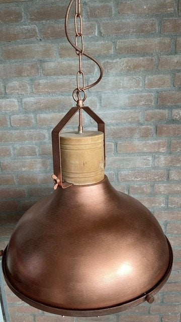 Grote Metalen Hanglamp Koperkleur, met houten klos & rooster, Ophalen of Verzenden, Zo goed als nieuw, Industrie, E27 (groot)