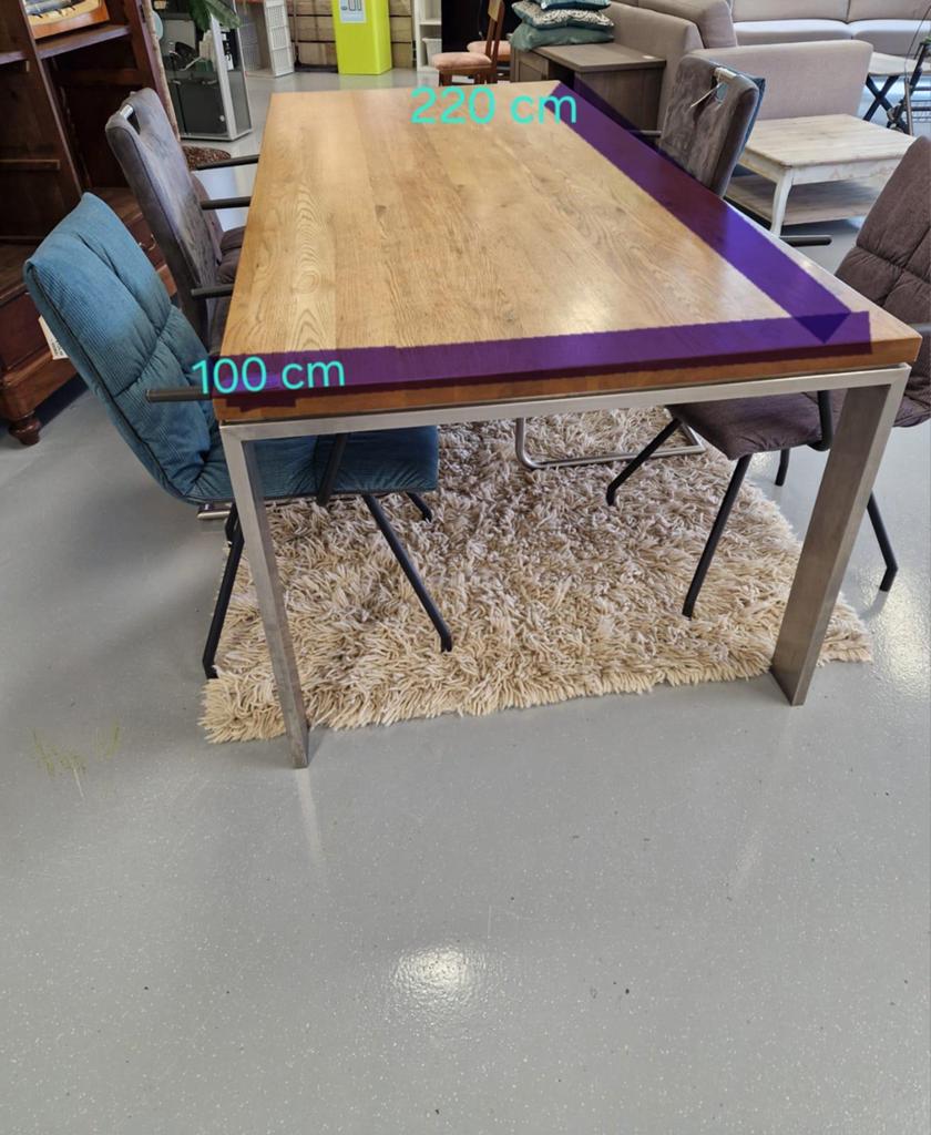 Mooie grote eettafel van eiken met rvs onderstel, Ophalen, 100 tot 150 cm, 200 cm of meer, Zo goed als nieuw