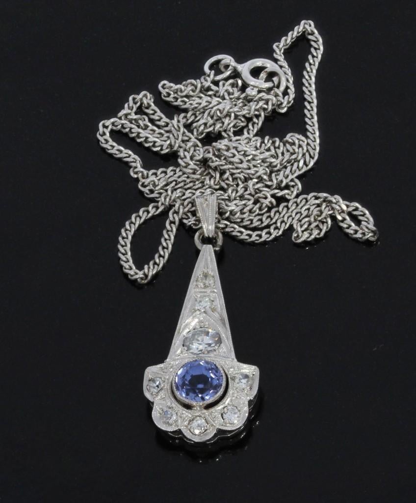 Diamant tanzaniet Art Deco 14k goud ketting & hanger platina, Verzenden, Goud, Ketting, Met edelsteen