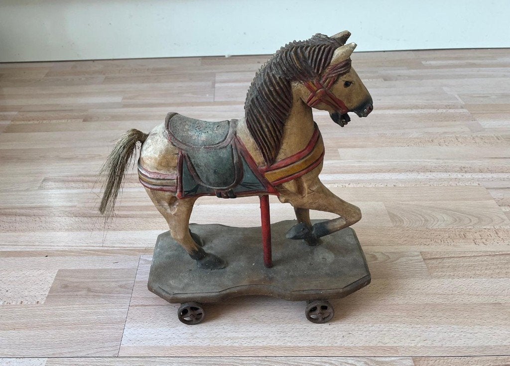 Antiek trekpaard op wieltjes (paard), Antiek en Kunst, Ophalen of Verzenden