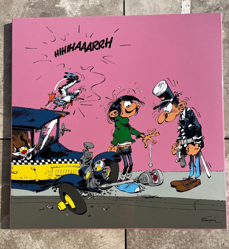 Franquin – Gaston Lagaffe emaille plaat 21/80 – 80x80 cm, Ophalen, Guust of Robbedoes, Zo goed als nieuw, Plaatje, Poster of Sticker