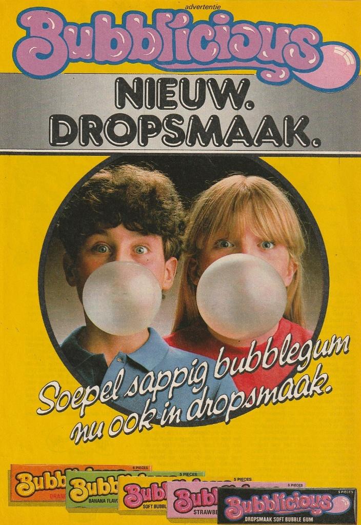 Retro reclame 1983 Bubblicious kauwgum ook dropsmaak, Verzenden, Overige typen