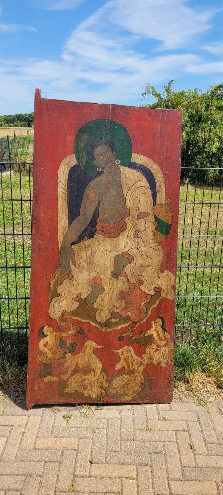 Antiek Tibetaanse Tempel Deur op Hout, Wanddecoratie, Rood, Handgemaakt, Tibet