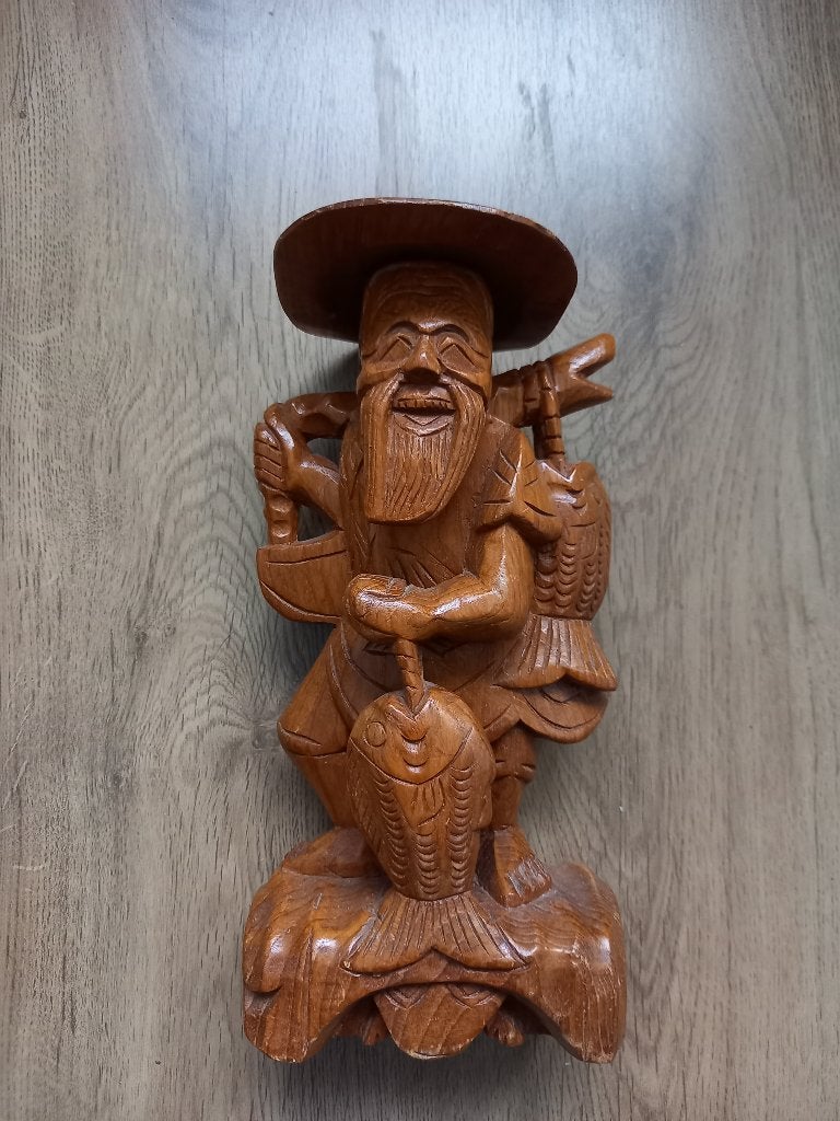Vintage Handgeseden Houten Traditionele Aziatische Visser, Ophalen of Verzenden, Handgemaakt, 20 - 50 cm, Beeld