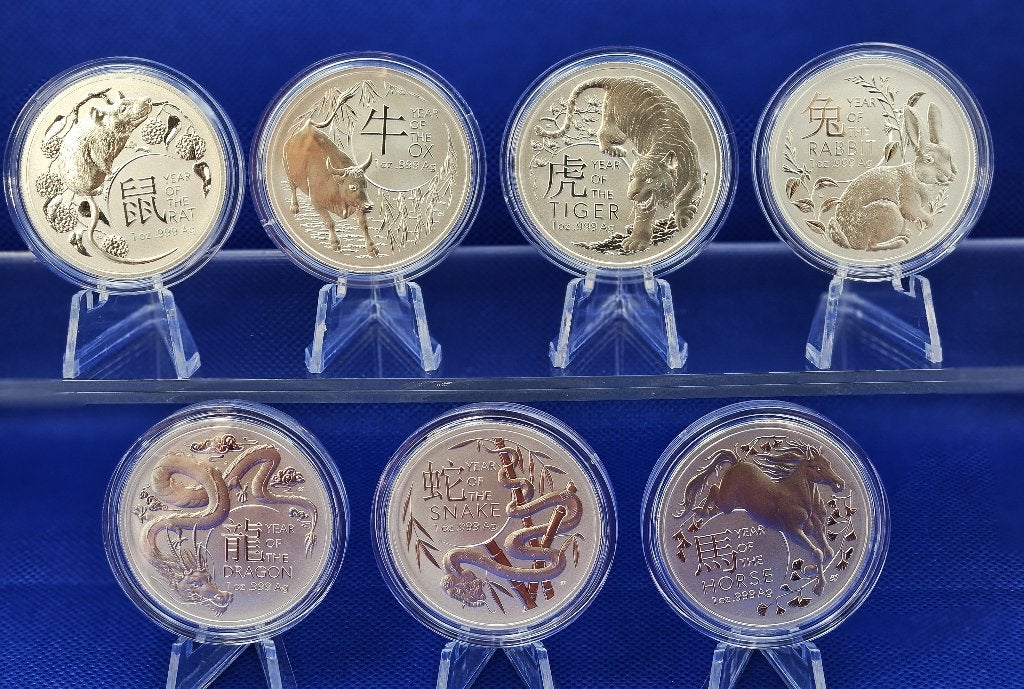 (A384) AUSTRALIA RAM  LUNAR 2020 t/m 2026 is  7X ONE OUNCE, Ophalen of Verzenden, Setje, Zilver