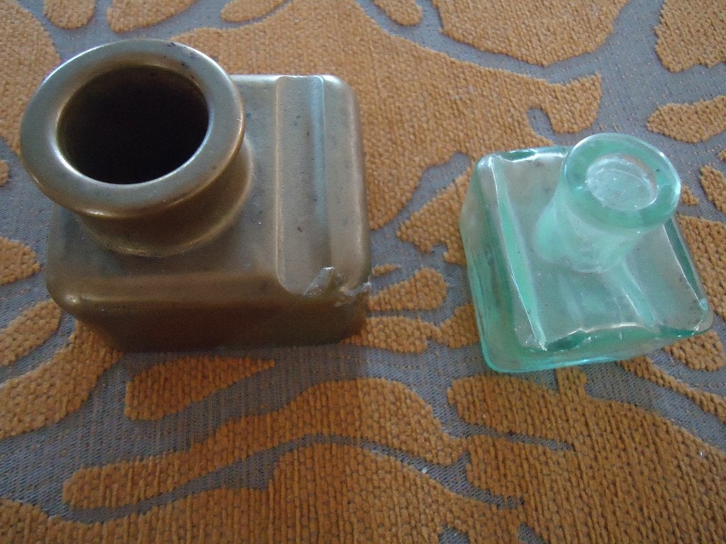 2 oude antieke inktpotten 1 brons i glas, Antiek en Kunst, Verzenden