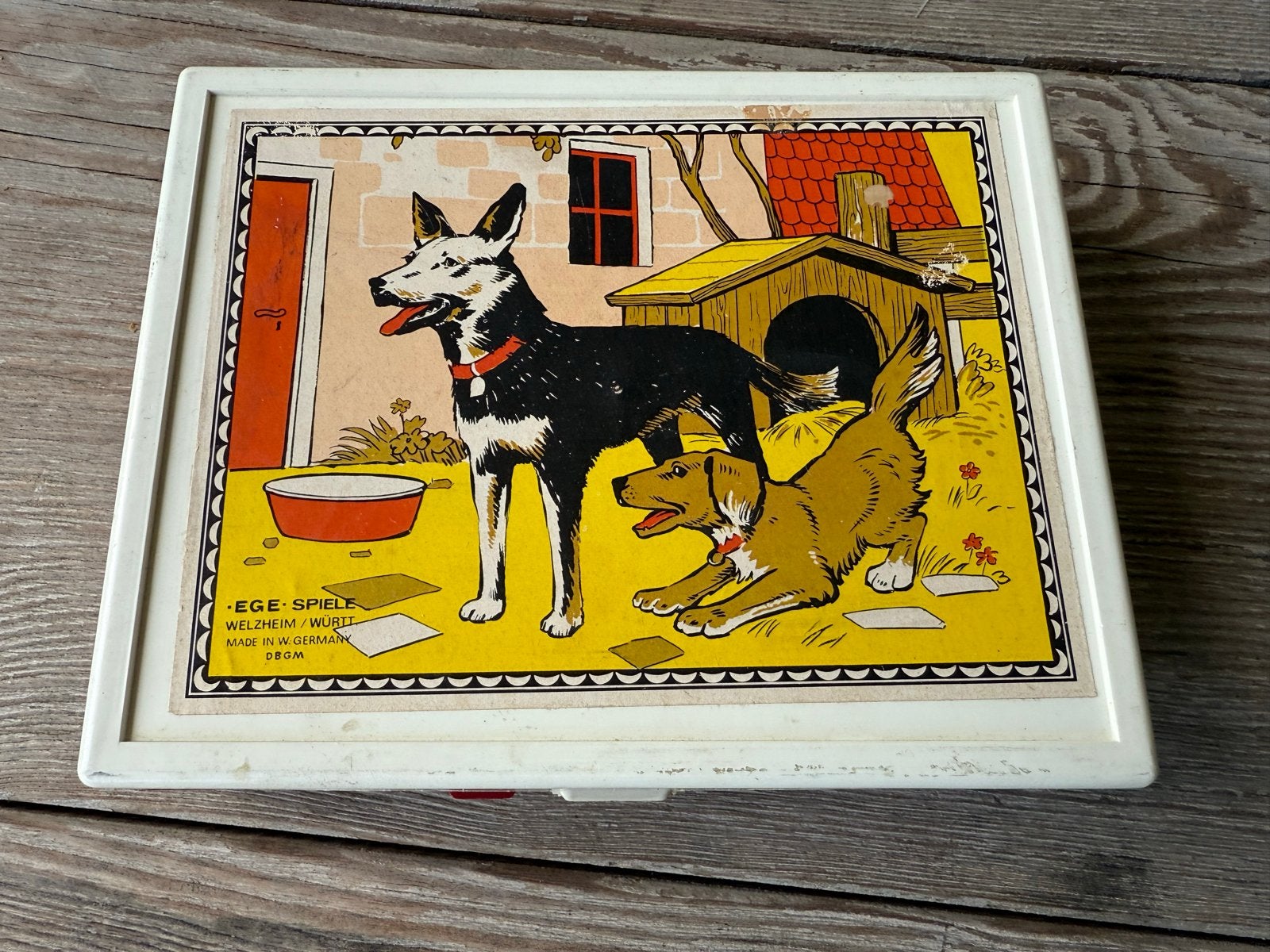 Vintage EGE-Spiele Houten Kubuspuzzel met Boerderijdieren, 2 tot 4 jaar, Gebruikt, 10 tot 50 stukjes, Ophalen of Verzenden