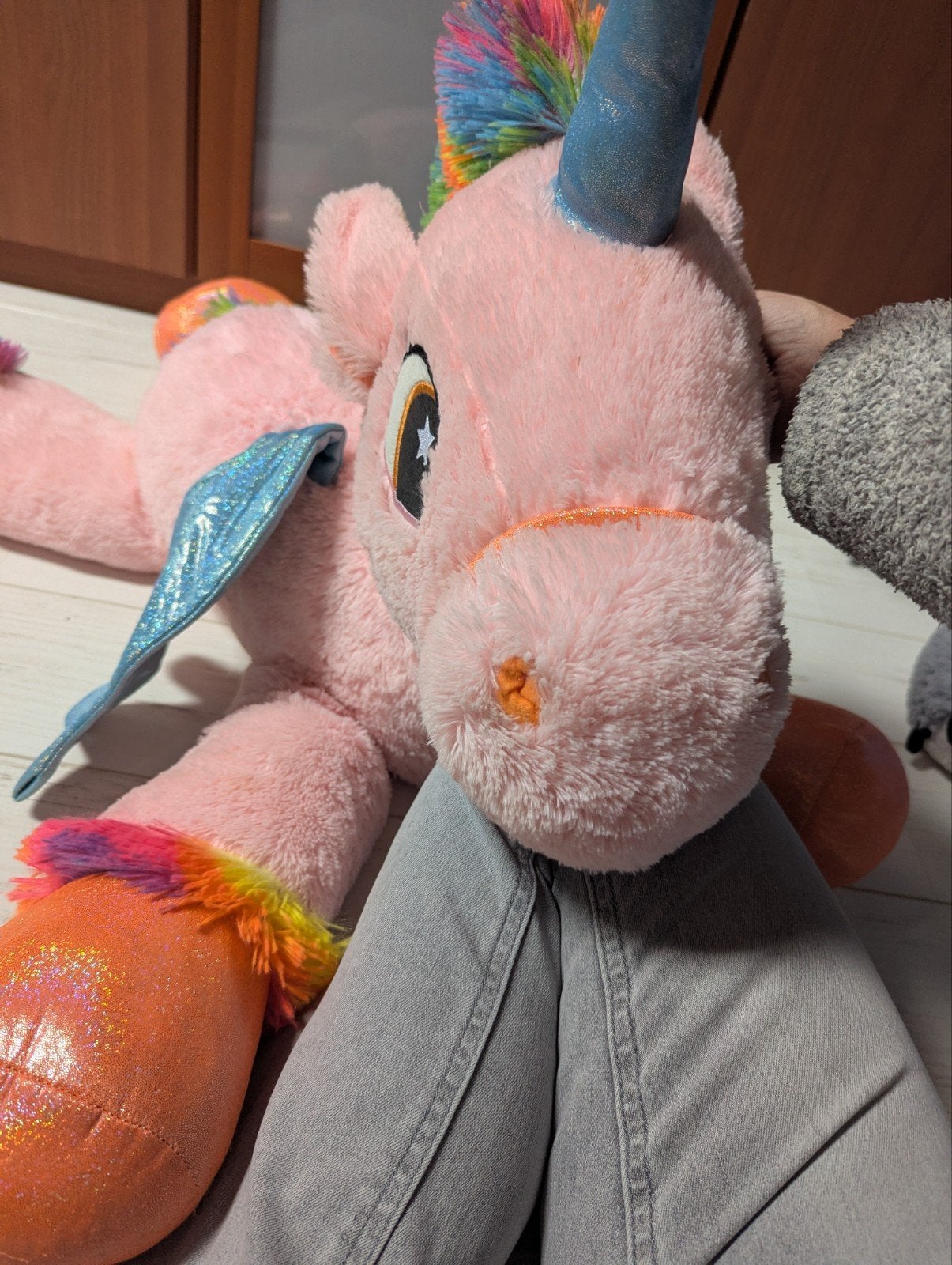 Grote Roze Eenhoorn Knuffel met Regenboog Manen en Vleugels, Overige karakters, Ophalen of Verzenden, Zo goed als nieuw, Middelgroot (20 tot 80 cm)