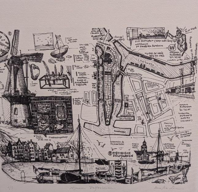 Tekening Emeline Lin: de historische Delftsehaven, Ophalen of Verzenden