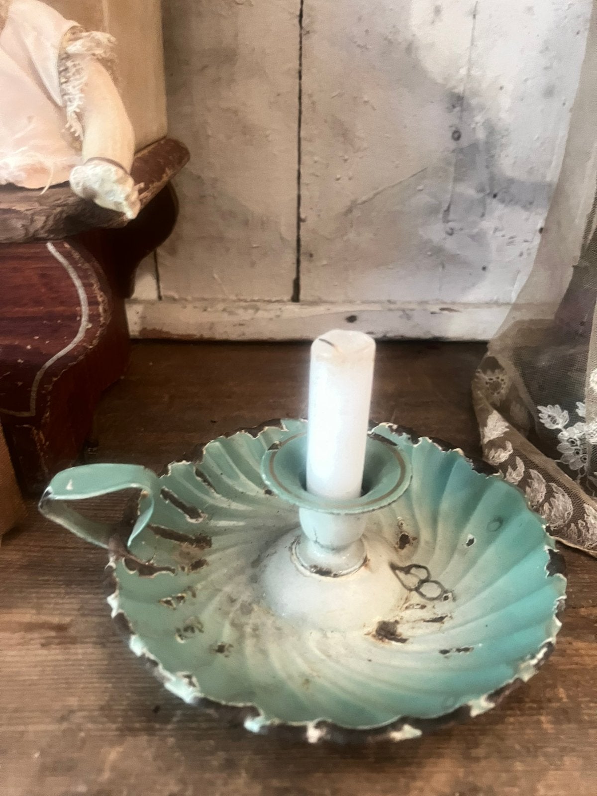 Emaille oude blaker kandelaar kaars turkoise groen blauw oud, Antiek en Kunst, Ophalen of Verzenden