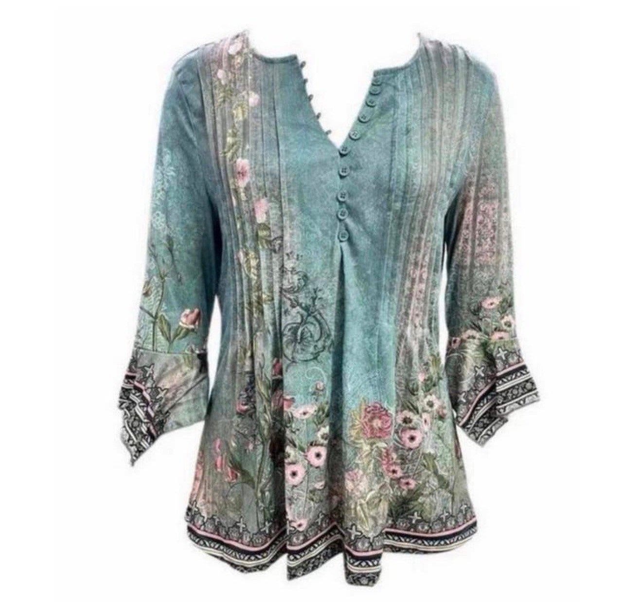 Vrouwen Blouse zomers Bloemenprint V-hals Drie-kwart Mouw L, L, Blauw, Maat 42/44 (L), Nieuw