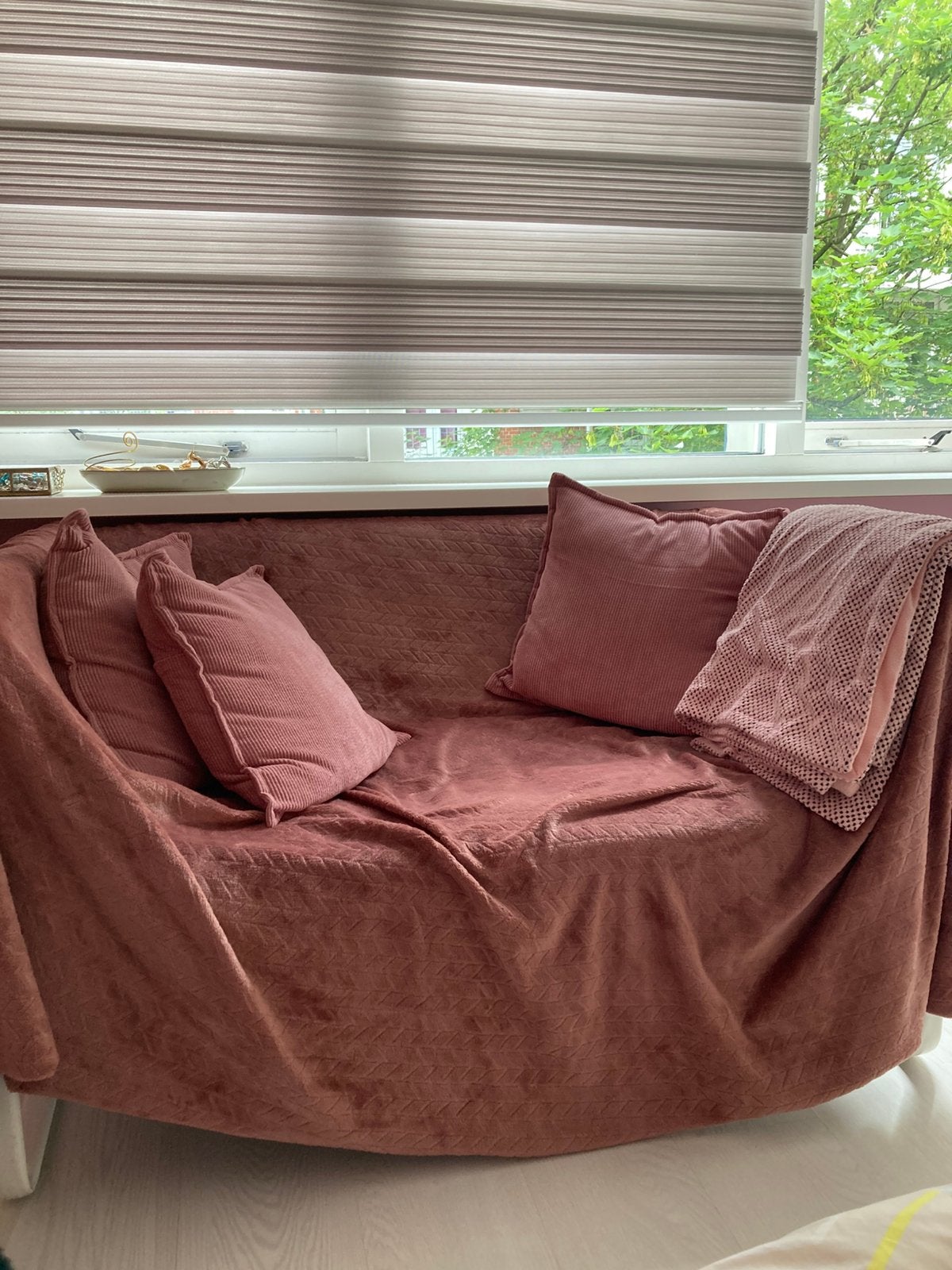 Roze set woondekens en kussens, Ophalen, Gebruikt