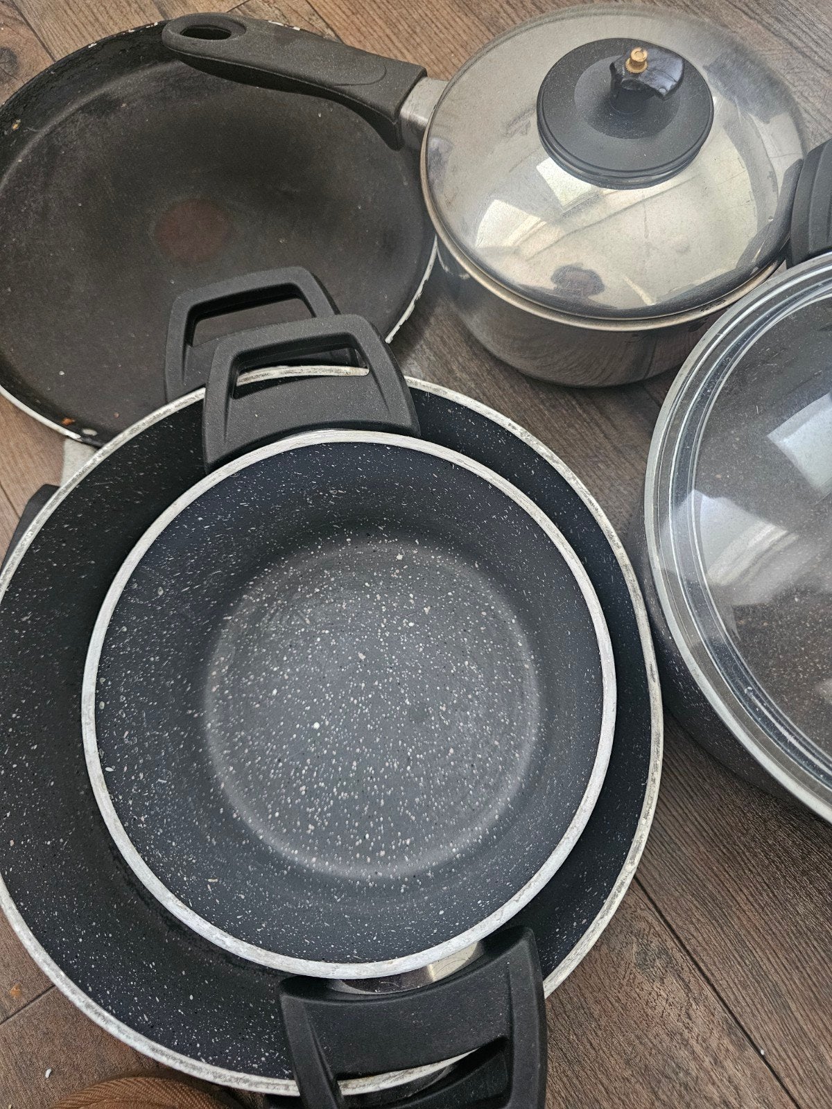 Diverse pannenset: kookpannen, koekenpan, snelkookpan, Ophalen, Gebruikt, Met deksel, Pannenset