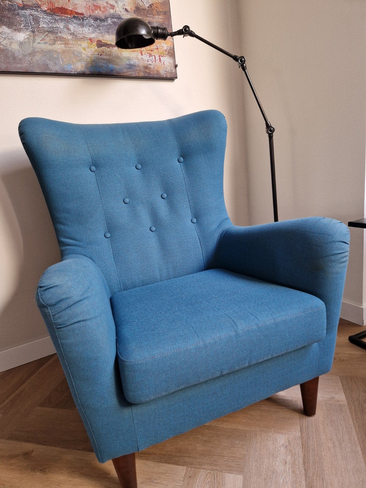 Comfortabele blauwe fauteuil met hoge rugleuning, Ophalen, Gebruikt, 75 tot 100 cm, 75 tot 100 cm