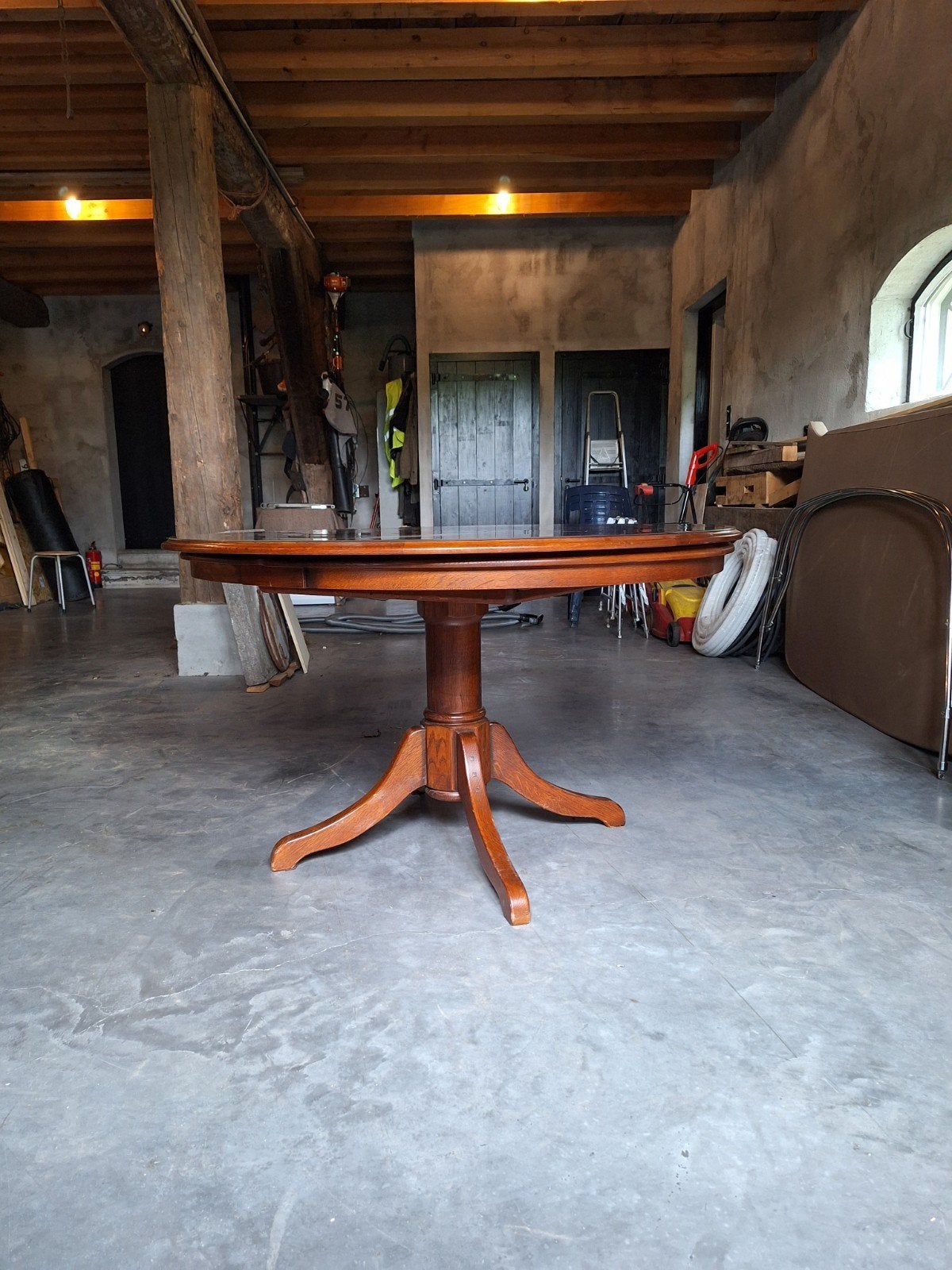 Ronde/ ovale kersenhouten tafel + 4 stoelen, Ophalen, Gebruikt, 100 tot 150 cm, 200 cm of meer