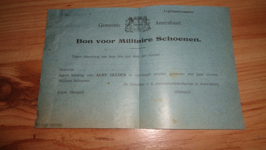 Wo1 bon militair schoeisel NL leger Amersfoort schoenen nr1, Verzamelen, Verzenden, Landmacht, Nederland, Overige typen
