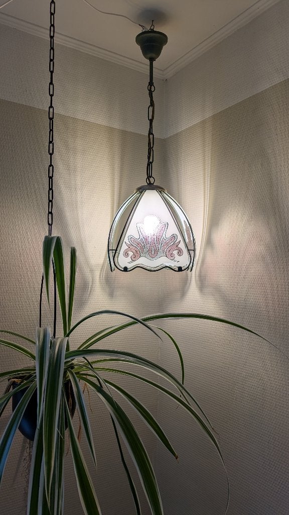 Vintage Hollywood regency hanglamp, Gebruikt, Vintage, Glas, E27 (groot)