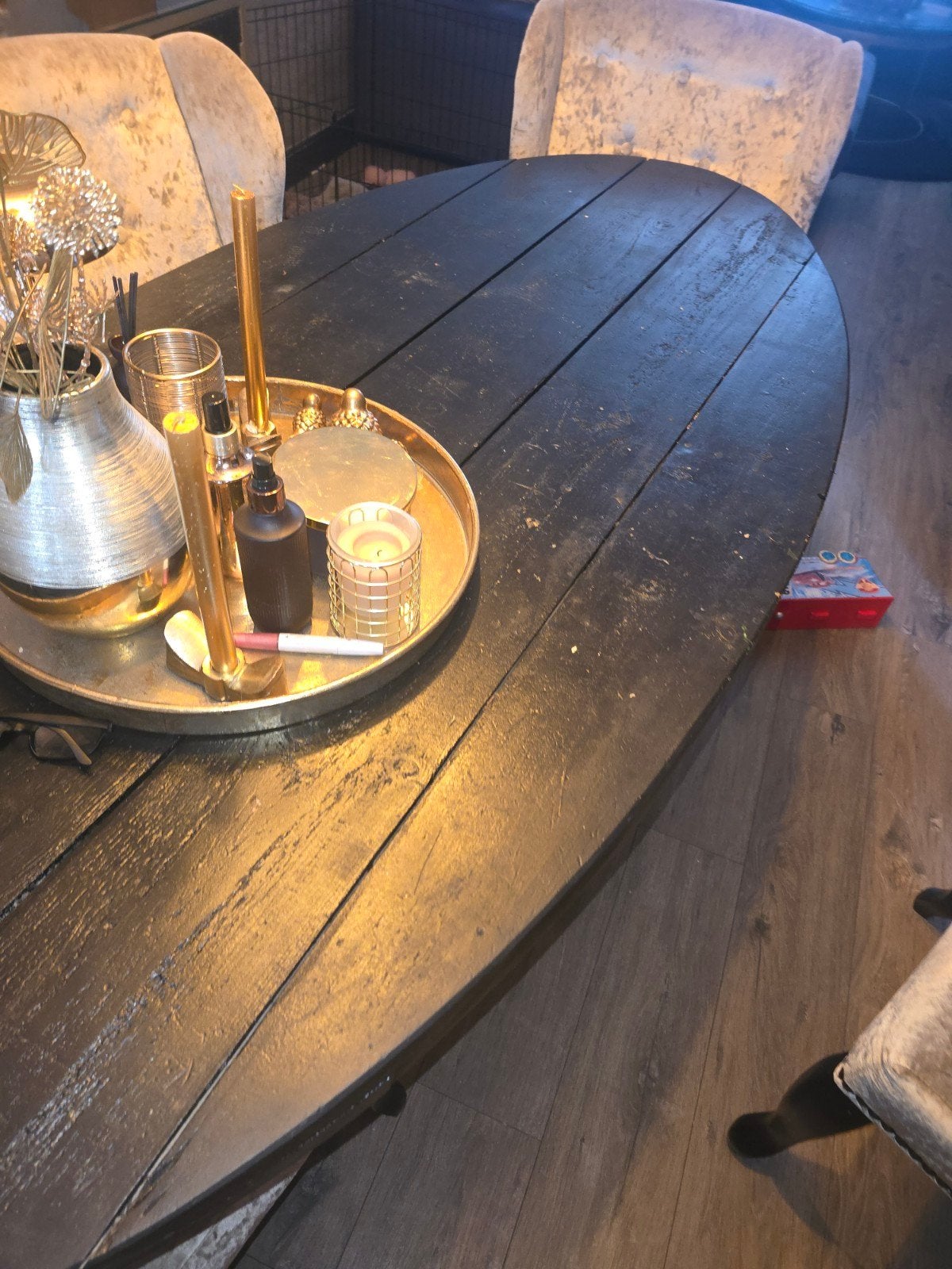Houten ovale tafel van steigerhout, zelf geverfd, Huis en Inrichting, Tafels | Eettafels, Ophalen, Robuust, industrieel, Gebruikt