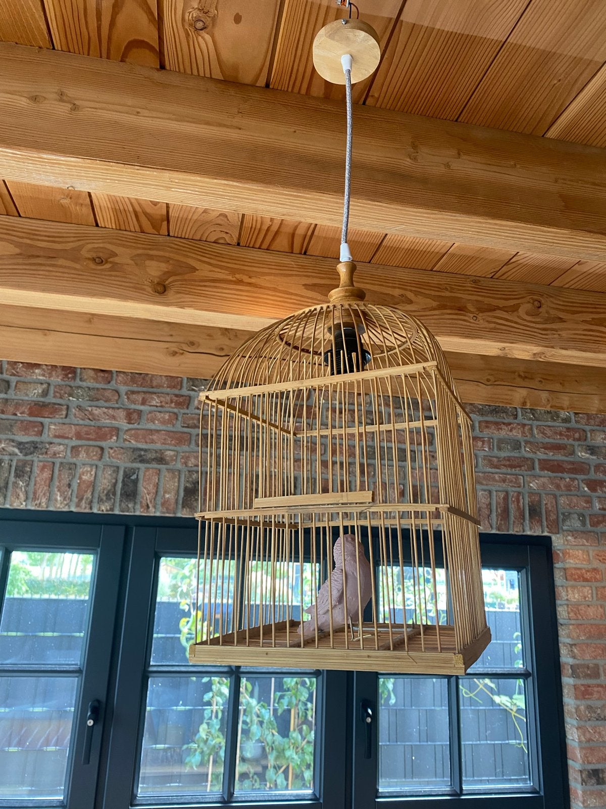Unieke Bamboe Hanglamp met Vogelkooi Design, Ophalen of Verzenden, Zo goed als nieuw, Hout, E27 (groot)