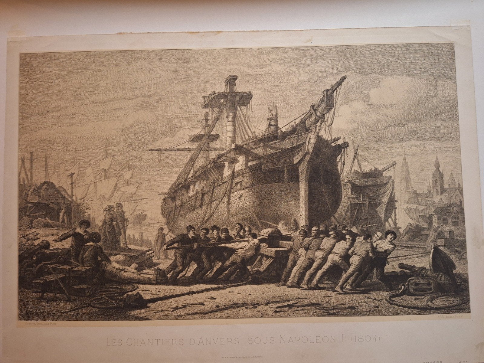 Gravure Scheepswerven Antwerpen onder Napoleon 1804, 1800 - 1899, Militair, Ophalen of Verzenden, Gravure