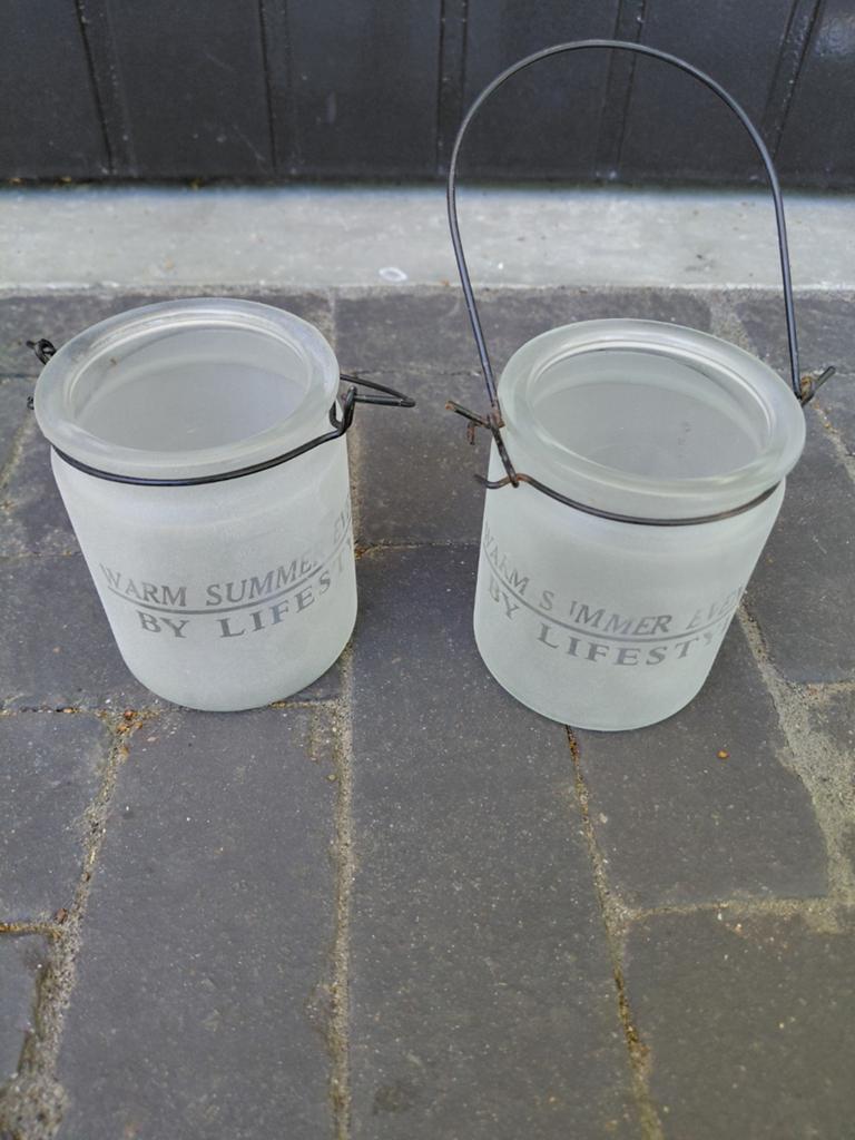 Set van 2 glazen lantaarns met handvat, Ophalen, Gebruikt, Wit, Glas