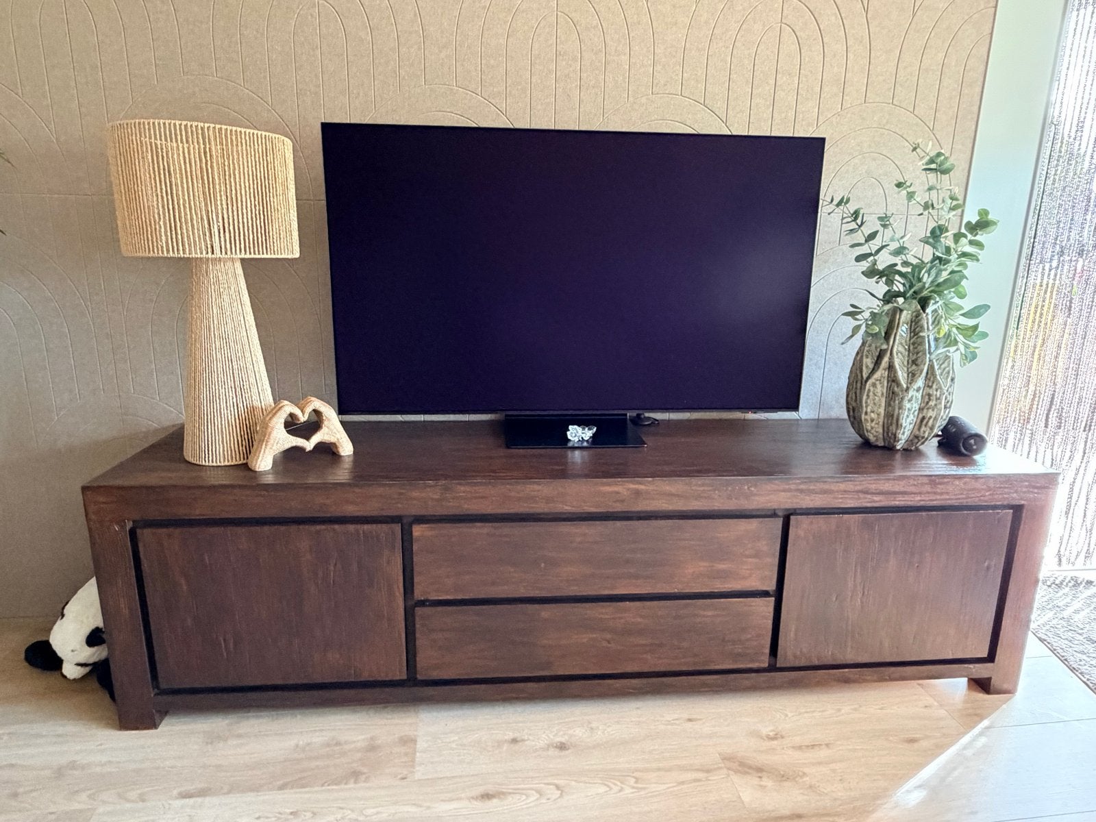 Teak Houten Laag Dressoir - Donkerbruin Gebeitst, Ophalen, Gebruikt, Teakhout, 200 cm of meer