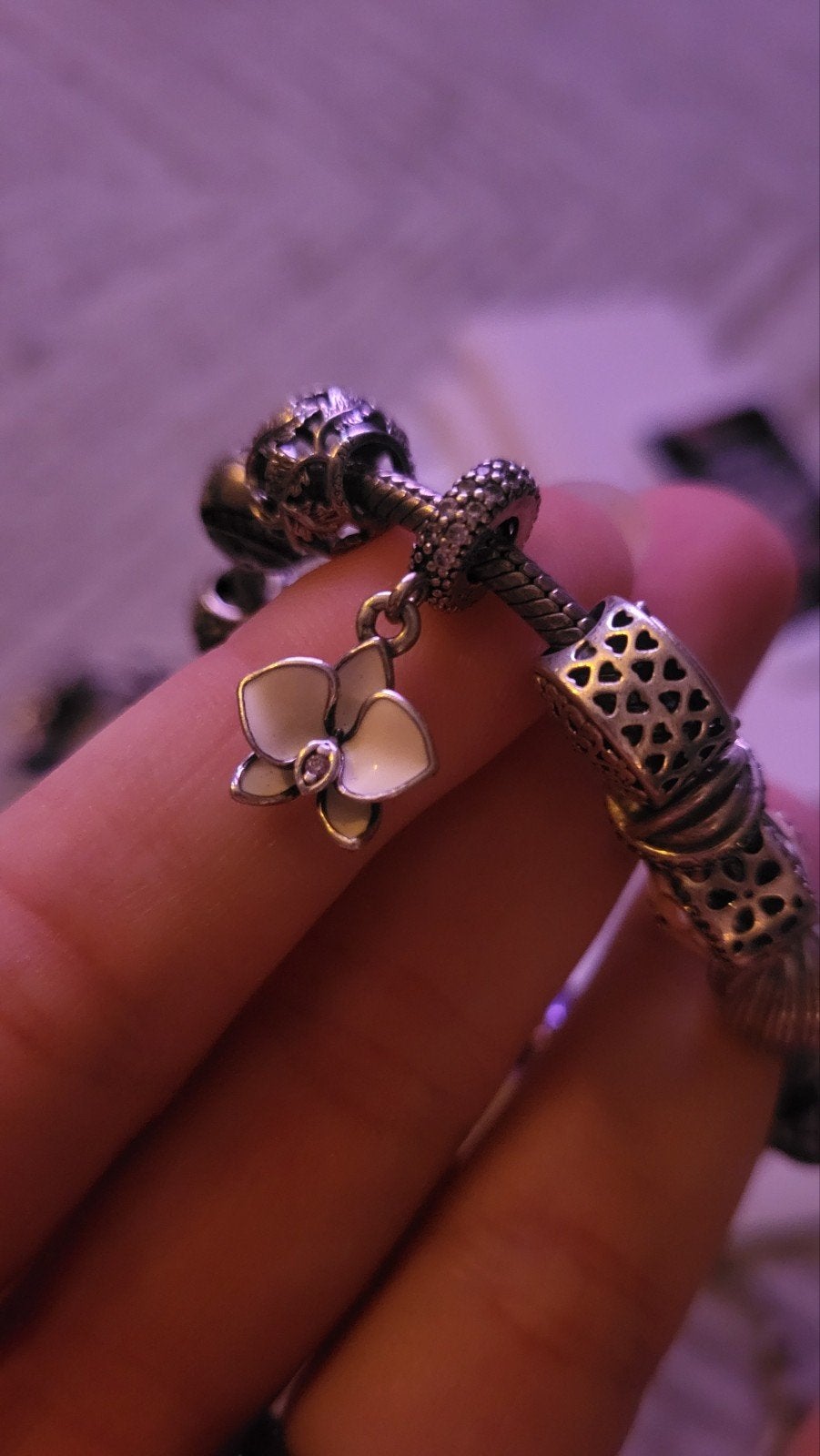 Pandora orchid Zilveren Spacer met Wit Emaille, Sieraden, Tassen en Uiterlijk, Armbanden, Ophalen of Verzenden, Zo goed als nieuw